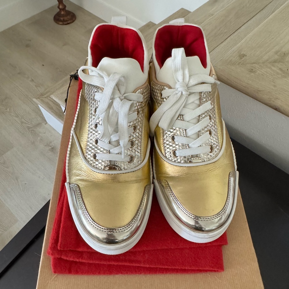 Christian Louboutin Gold and White Designer Sneakers
